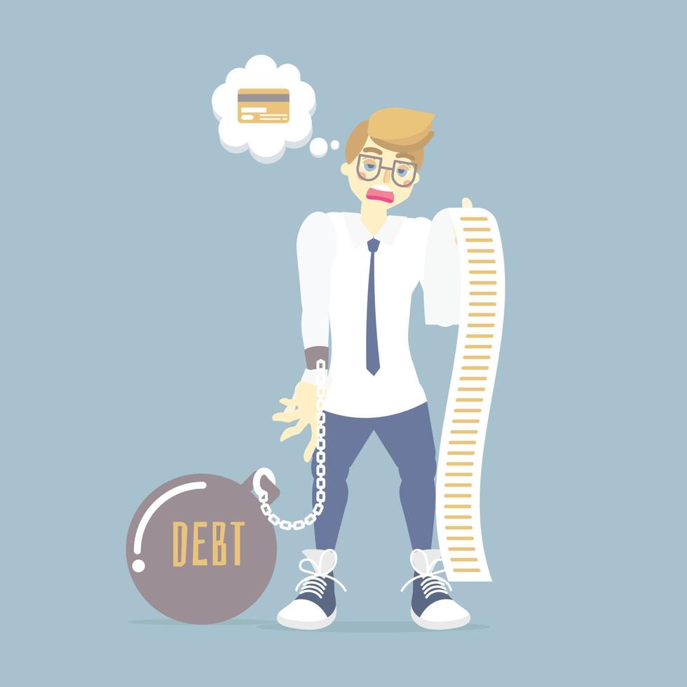 sad man holding and looking at a long credit card bill, tax, debt concept, flat vector illustration cartoon character design,isolated infographic