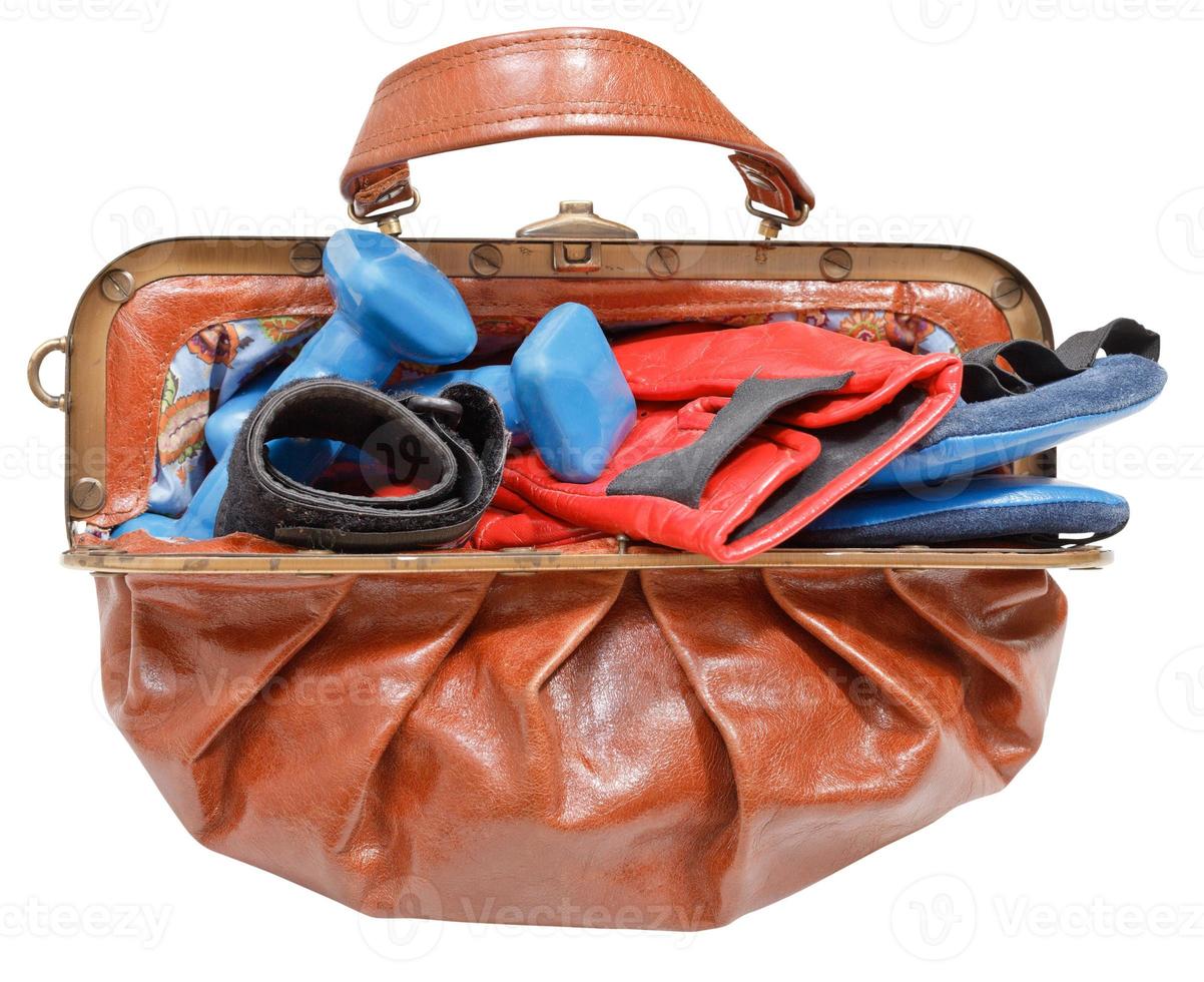 ladies bag with boxing gloves and dumbbells photo