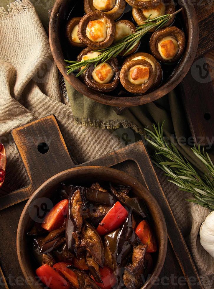 A top view shot of eggplant salads and mushrooms photo