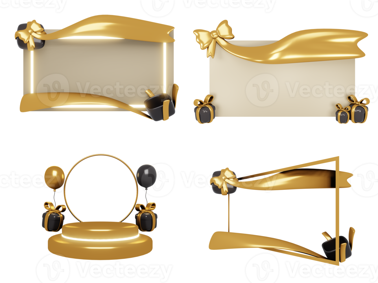 3d-rendering der goldschwarzen farbe der kartenschablonenhintergrundschleife geschenk- und ballonkonzept der elementdekoration des schwarzen freitags und des cybermontags png