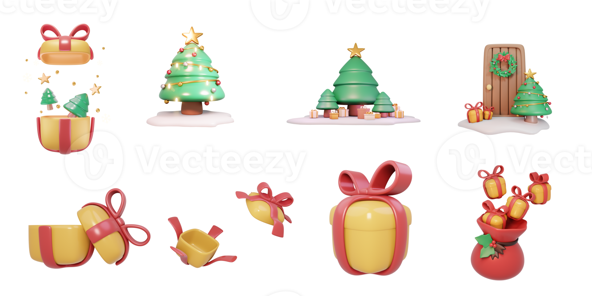 3D Rendering set of Xmas items for card decoration Christmas tree wreath gift concept of Christmas icons png