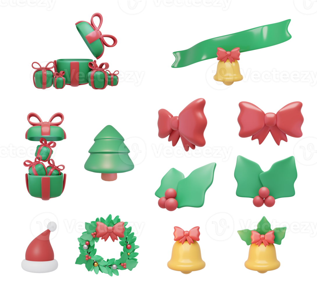 3D Rendering set of Xmas items for card decoration Christmas tree wreath gift bell berries concept of Christmas icons png