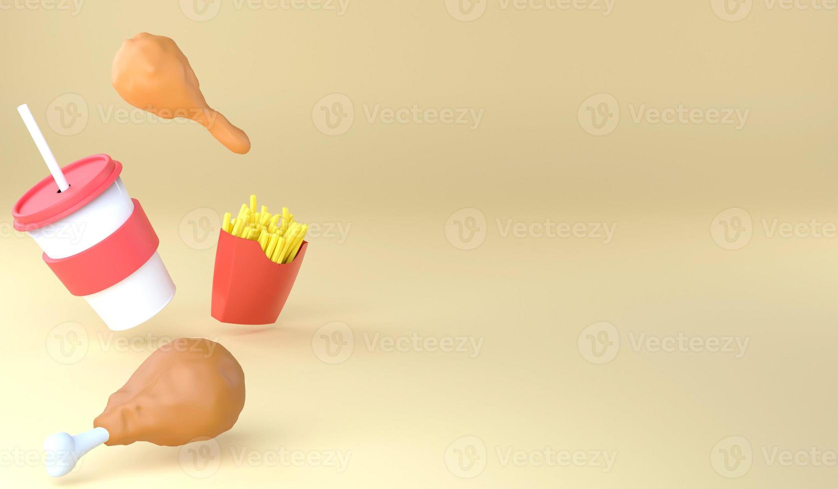 3D rendering fast food set on yellow background. 3D illustration American snack set includes soda cup French fries and fries chicken photo