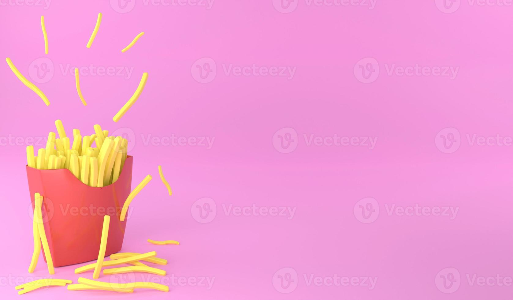 3d renderizado papas fritas sobre fondo rosa. Ilustración 3d concepto de comida rápida y espacio de copia foto