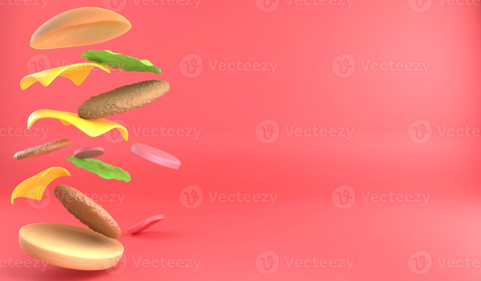 3D rendering falling part of hamburger on red background. 3D illustration fast food concept and copy space photo