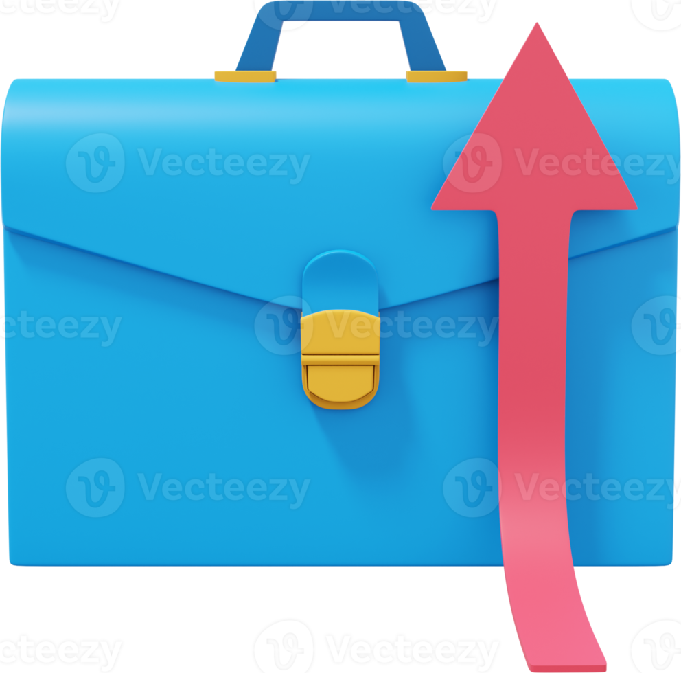 Blue briefcase with a red arrow growing up, front view. PNG icon on transparent background. Business portfolio success. 3D rendering.
