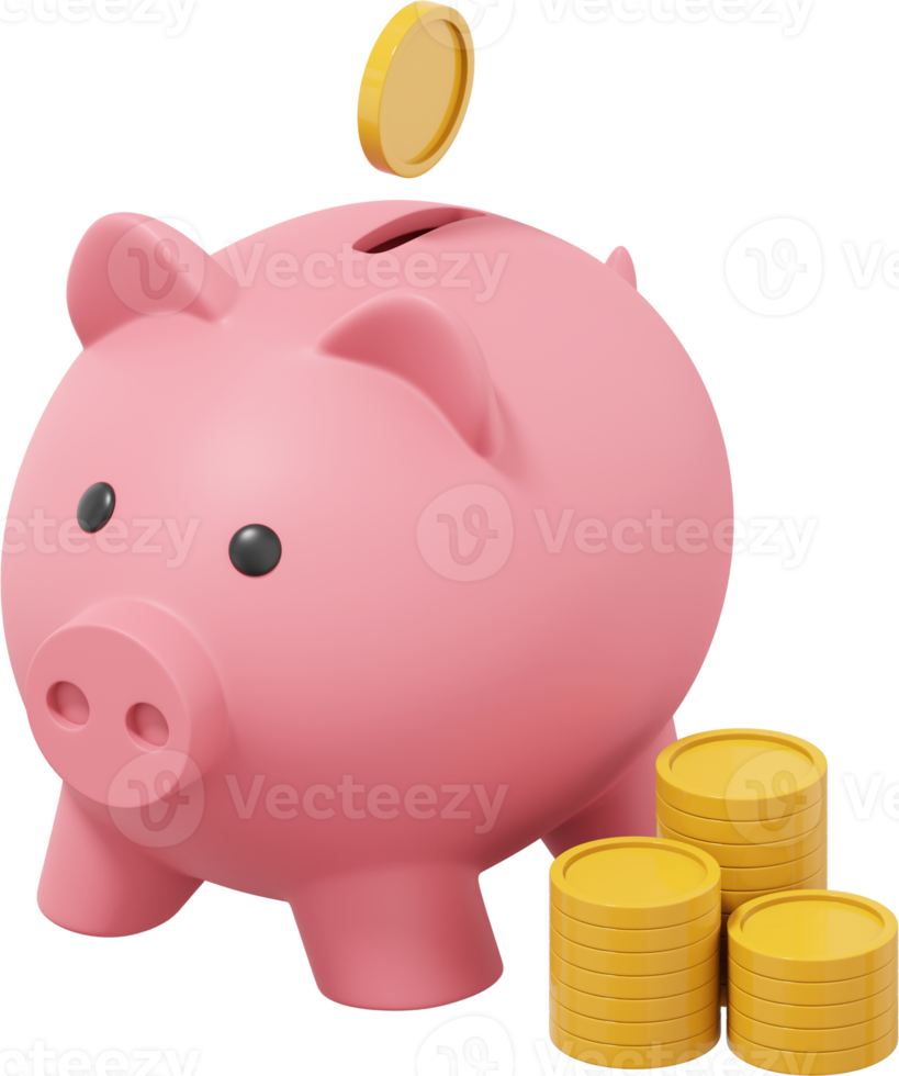 Pink piggy bank, dropping coins, stacks of money. PNG icon on transparent background. 3D rendering.