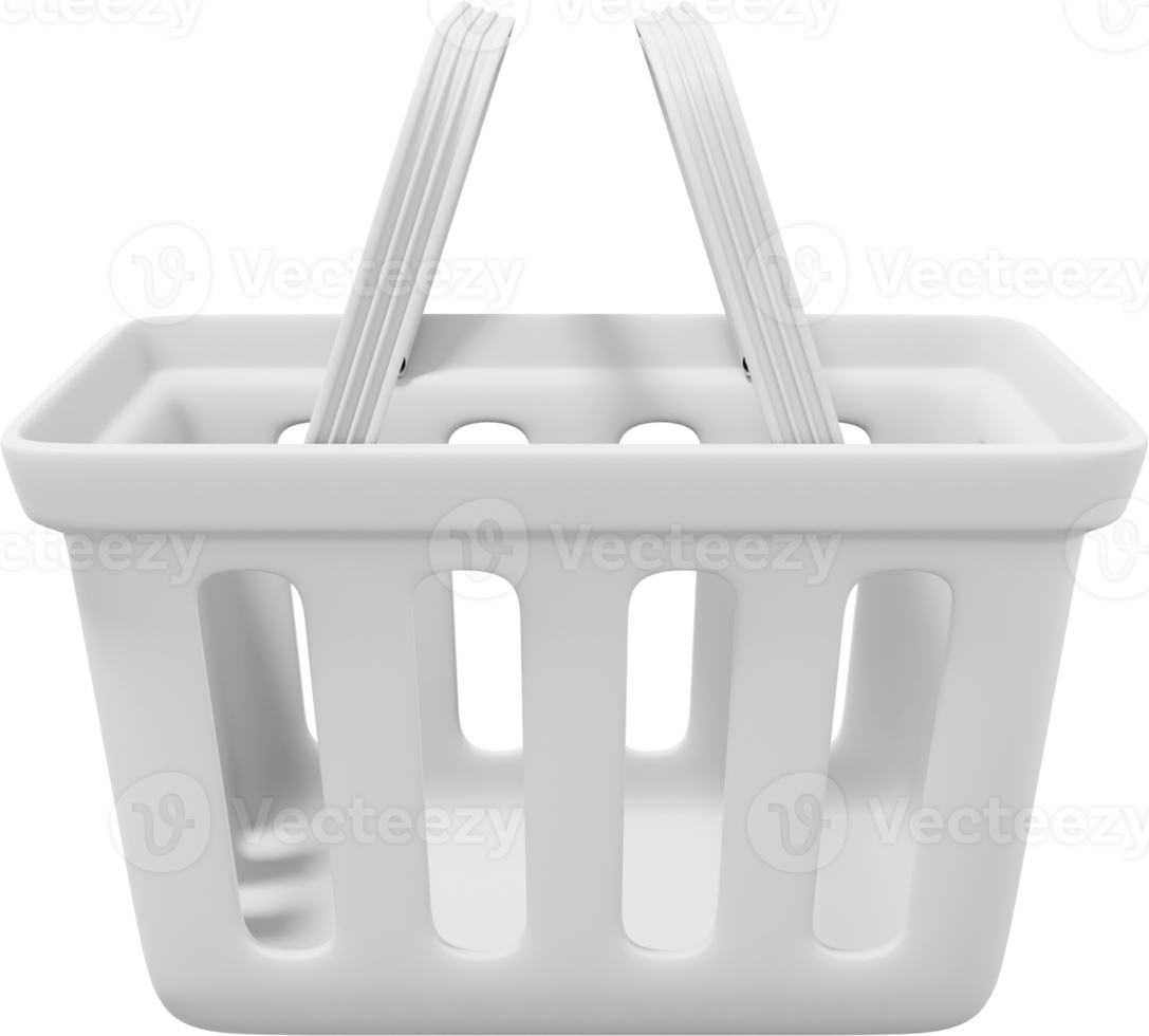 Plastic white shopping basket with handles. PNG icon on transparent background. 3D rendering.