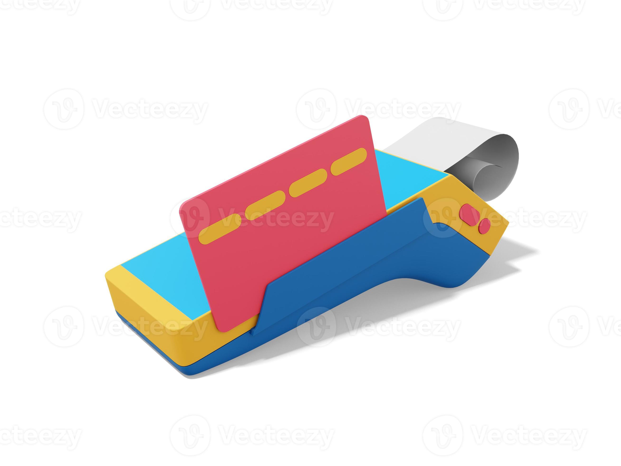 Device for NFC pay. Colorful POS terminal with credit card and check