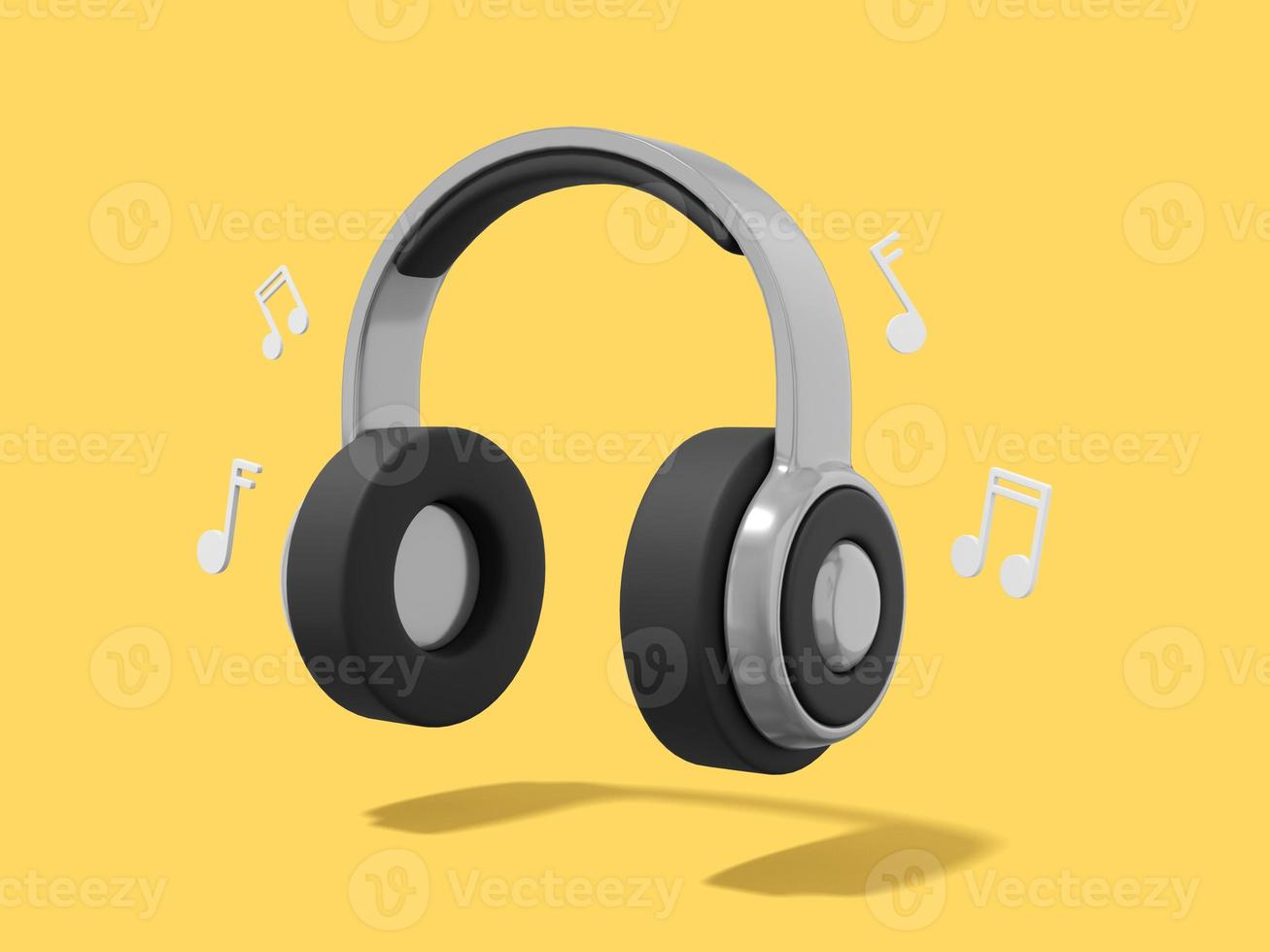 Realistic gray headphones with musical notes on yellow background. 3d rendering. photo