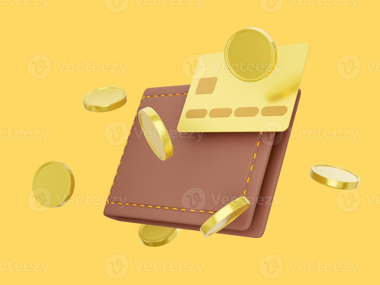 Payment concept. Closed wallet with credit card, flying coins on yellow background. Icon savings, enrichment. 3d rendering. photo