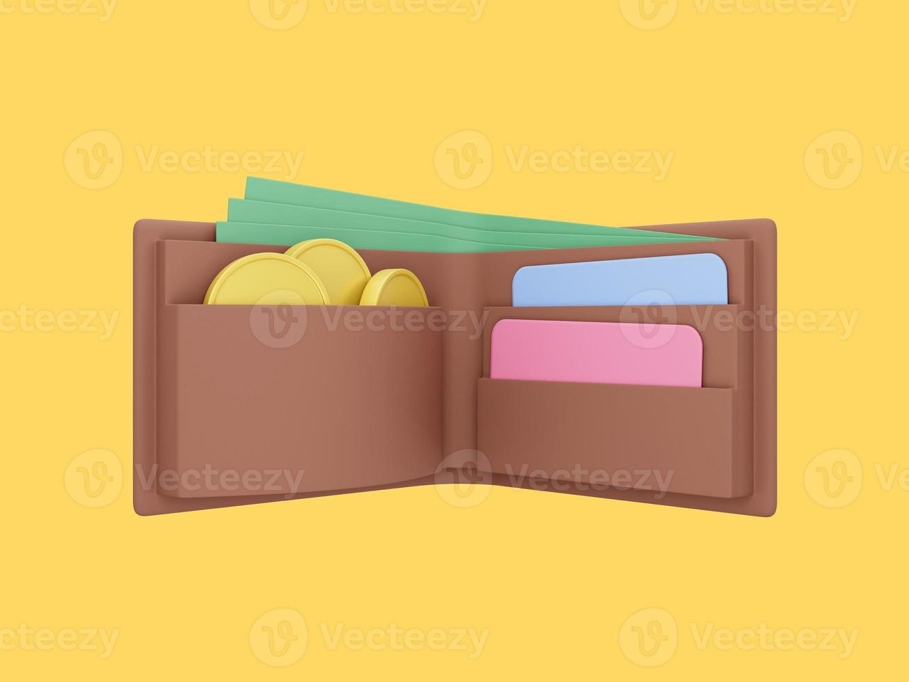 Open wallet with coins, bills and credit cards on yellow background. 3d rendering photo