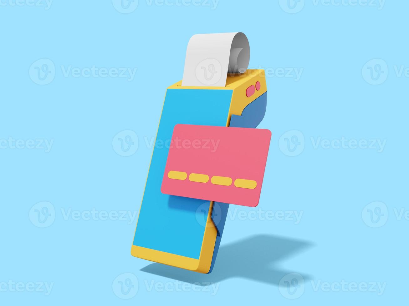 Colorful POS terminal with credit card and check. Modern machine for cashless payment. Device for NFC pay. 3D rendering on the blue background. photo