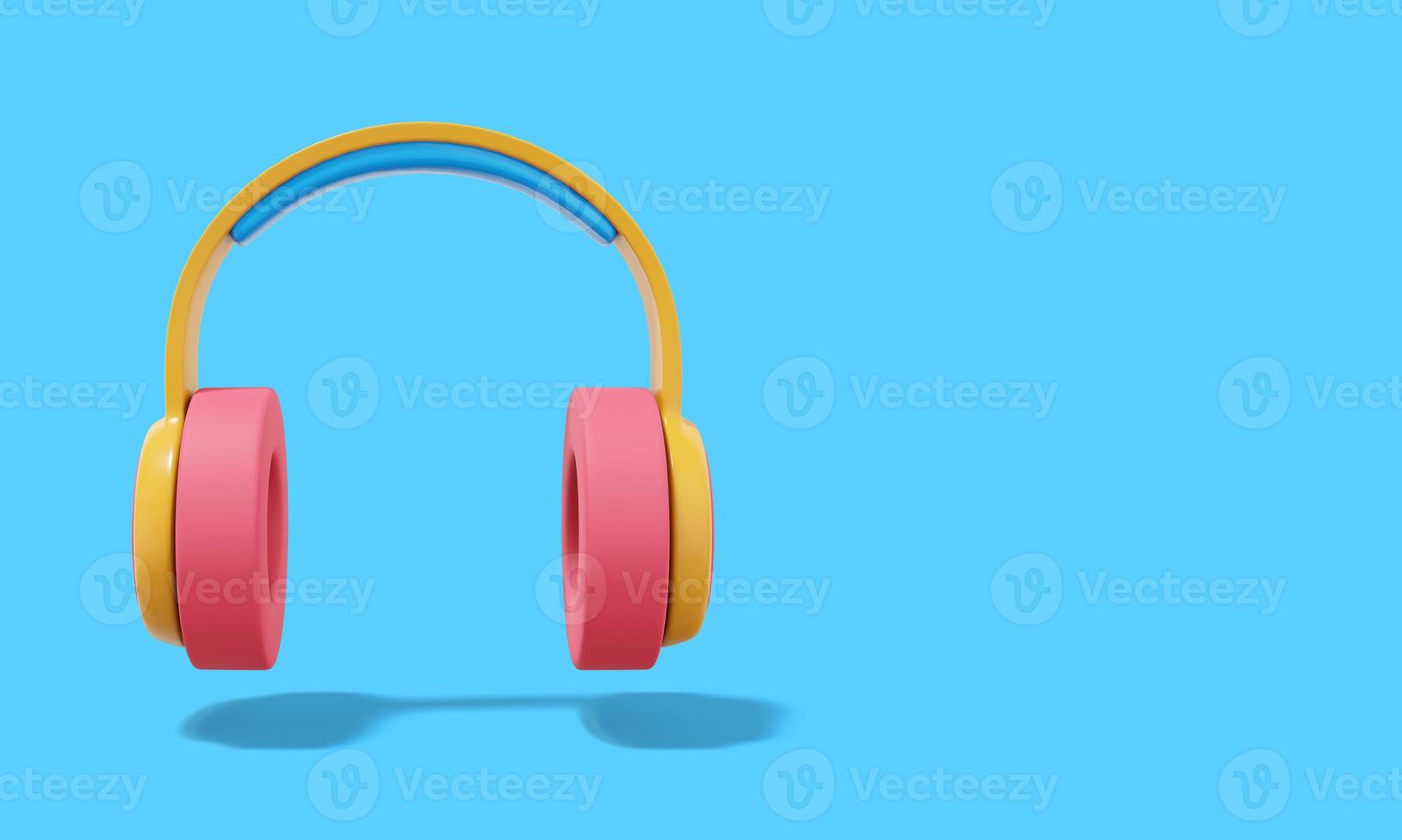 Multicolored headphones on blue background with space for text. Front view. 3d rendering. photo