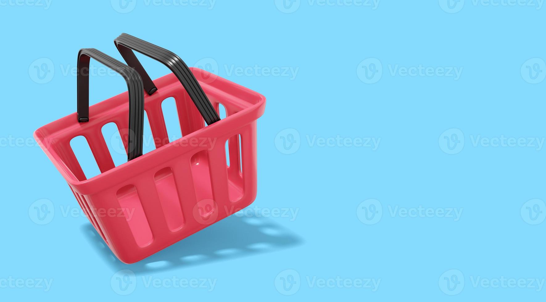 cesta voladora de plástico rojo sobre fondo azul con espacio para texto. carrito de compras vacío. representación 3d foto