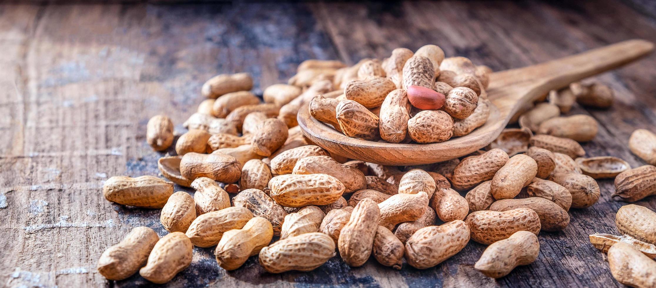 Dried peanuts or nuts on wooden background.Peanut shells on a wooden spoon photo