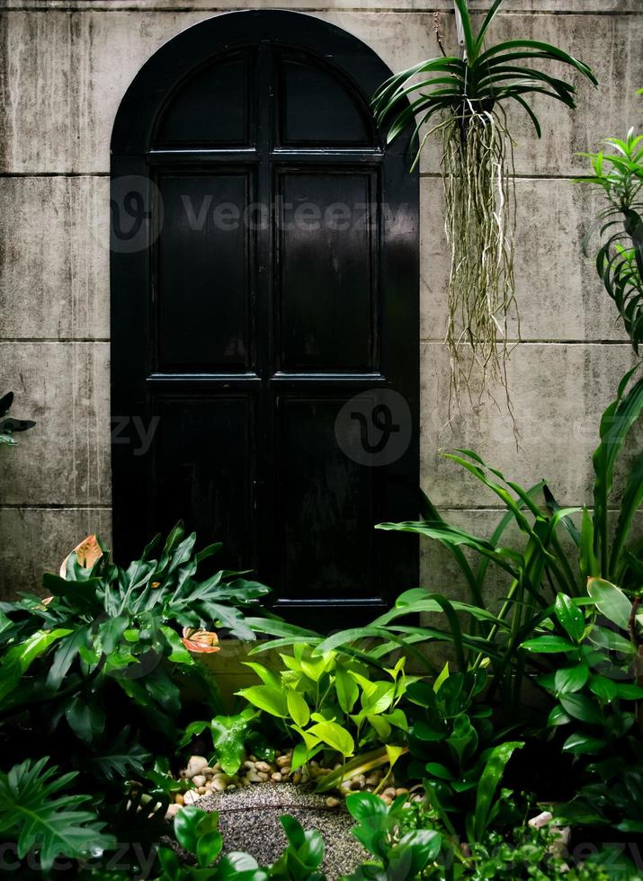 Muro de jardín y puerta antigua, la entrada está llena de plantas, siéntete en medio de la naturaleza en el bosque tropical, concepto de terapia natural. foto