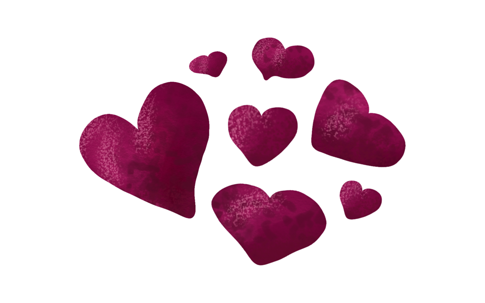 elementos de corazones púrpuras de acuarela dibujados a mano para el diseño. grupo de siete formas de corazón simples. lindos simbolos de amor png