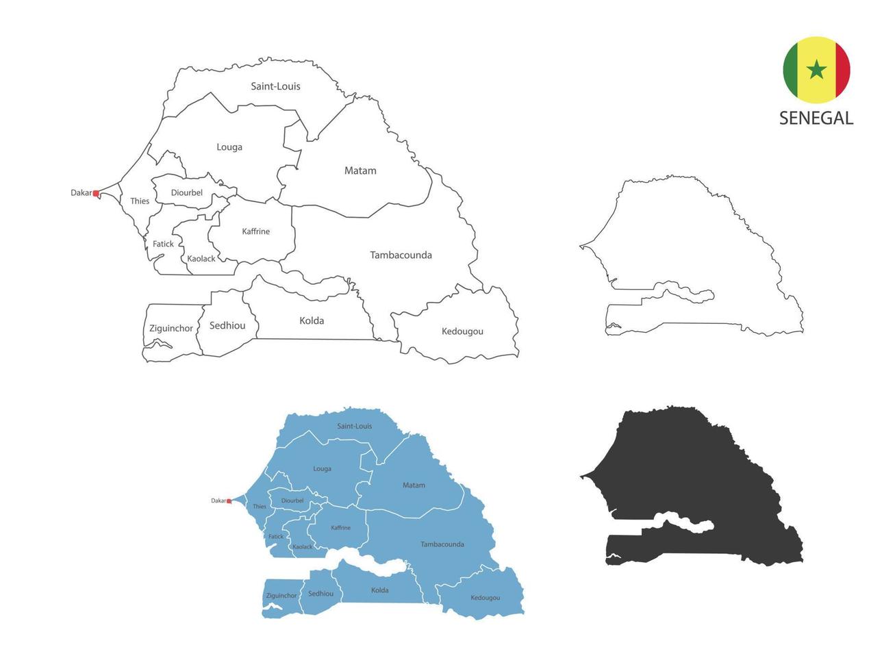 4 estilo de ilustración de vector de mapa de senegal tiene toda la provincia y marca la ciudad capital de senegal. por estilo de simplicidad de contorno negro delgado y estilo de sombra oscura. aislado sobre fondo blanco.