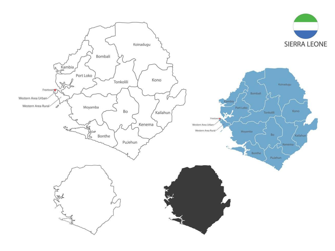 4 estilo de sierra leona mapa ilustración vectorial tiene toda la provincia y marca la ciudad capital de sierra leona. por estilo de simplicidad de contorno negro delgado y estilo de sombra oscura. aislado sobre fondo blanco. vector