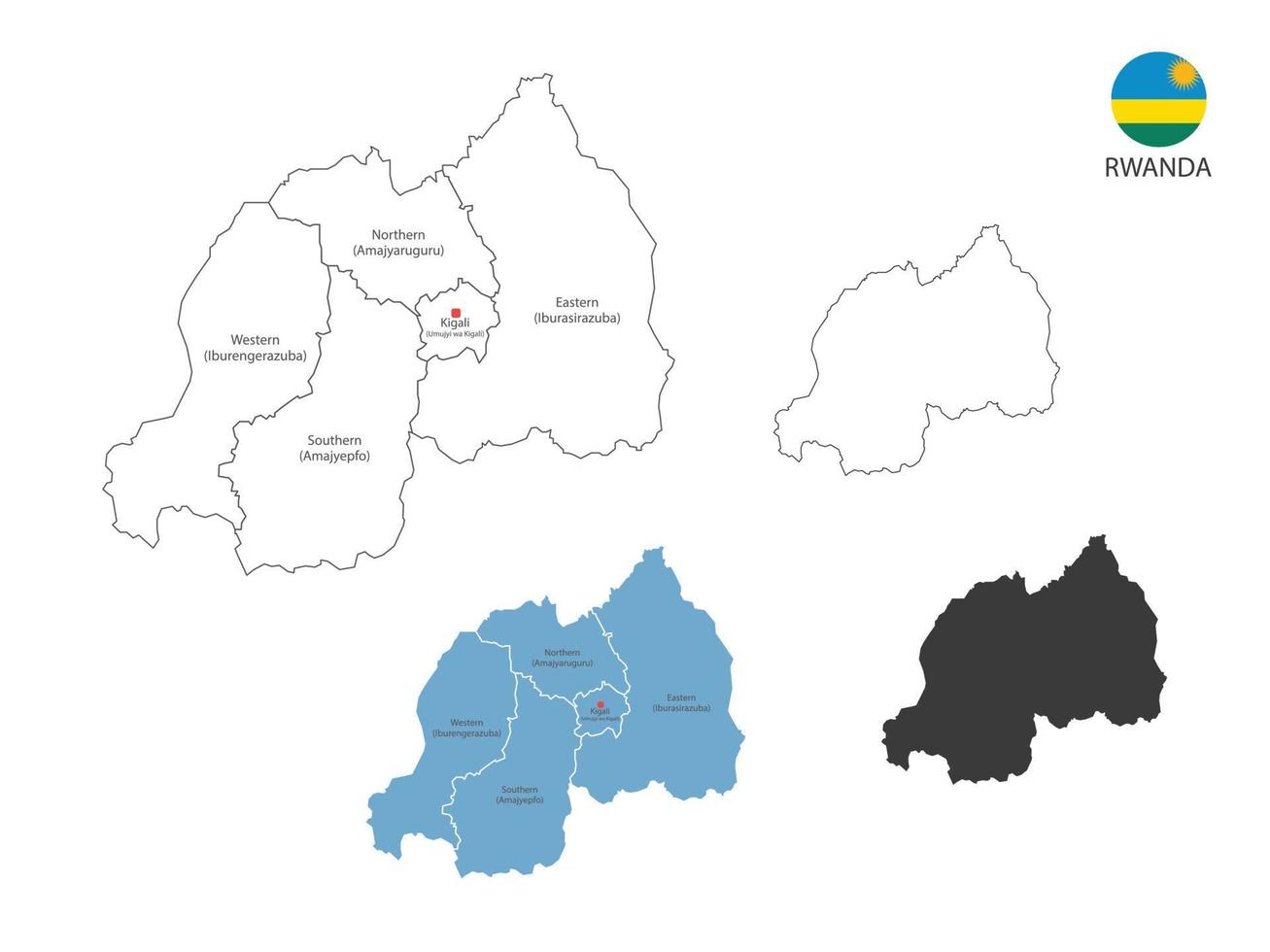 4 style of Rwanda map vector illustration have all province and mark the capital city of Rwanda. By thin black outline simplicity style and dark shadow style. Isolated on white background.