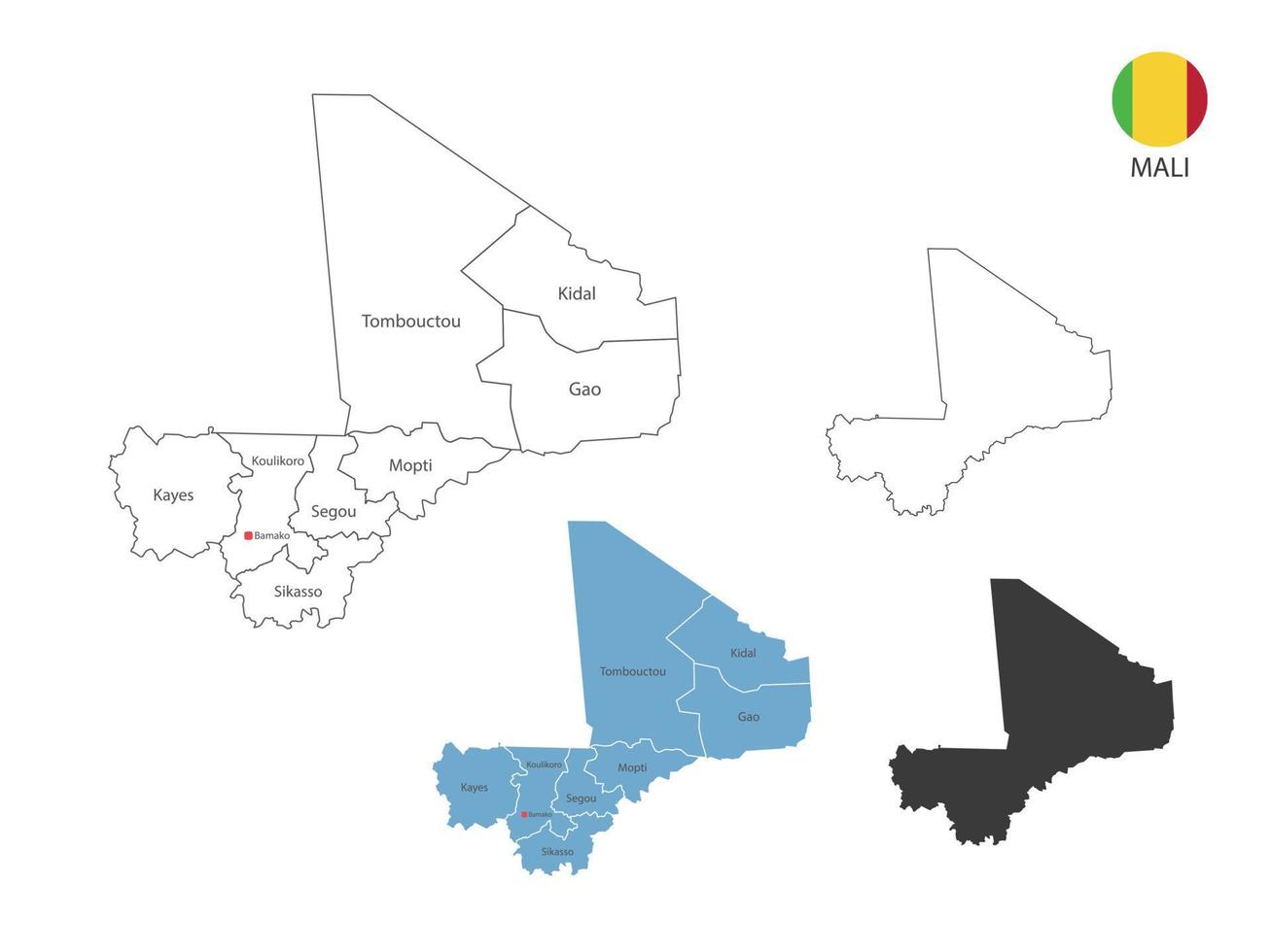 4 estilo de ilustración de vector de mapa de mali tiene toda la provincia y marca la ciudad capital de mali. por estilo de simplicidad de contorno negro delgado y estilo de sombra oscura. aislado sobre fondo blanco.