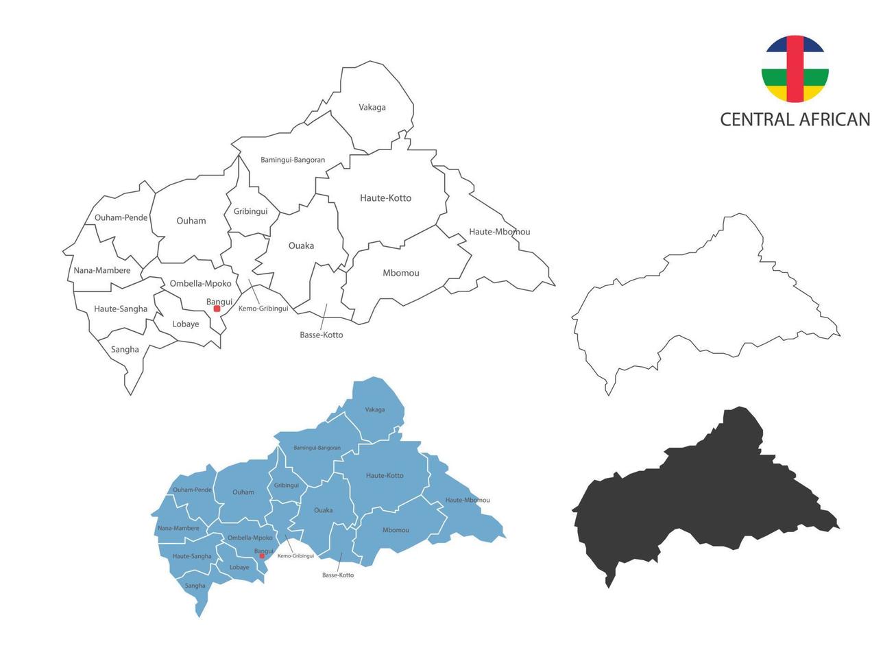 4 style of Central African map vector illustration have all province and mark the capital city of Central African. By thin black outline simplicity style and dark shadow style.