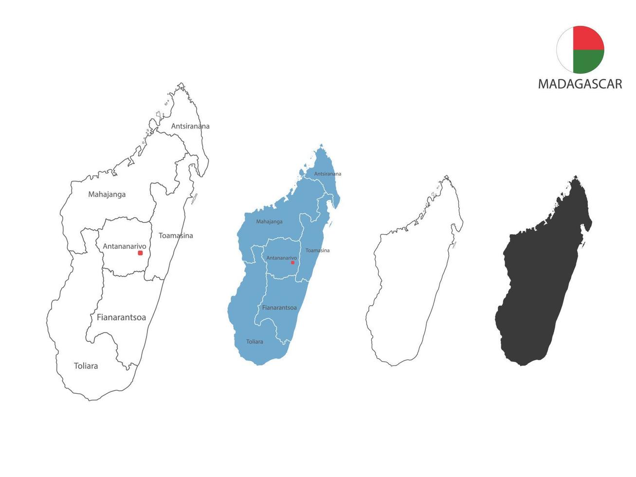 4 style of Madagascar map vector illustration have all province and mark the capital city of Madagascar. By thin black outline simplicity style and dark shadow style. Isolated on white background.