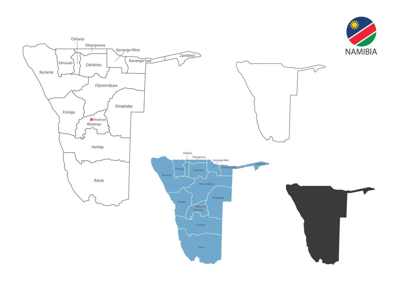 4 style of Namibia map vector illustration have all province and mark the capital city of Namibia. By thin black outline simplicity style and dark shadow style. Isolated on white background.