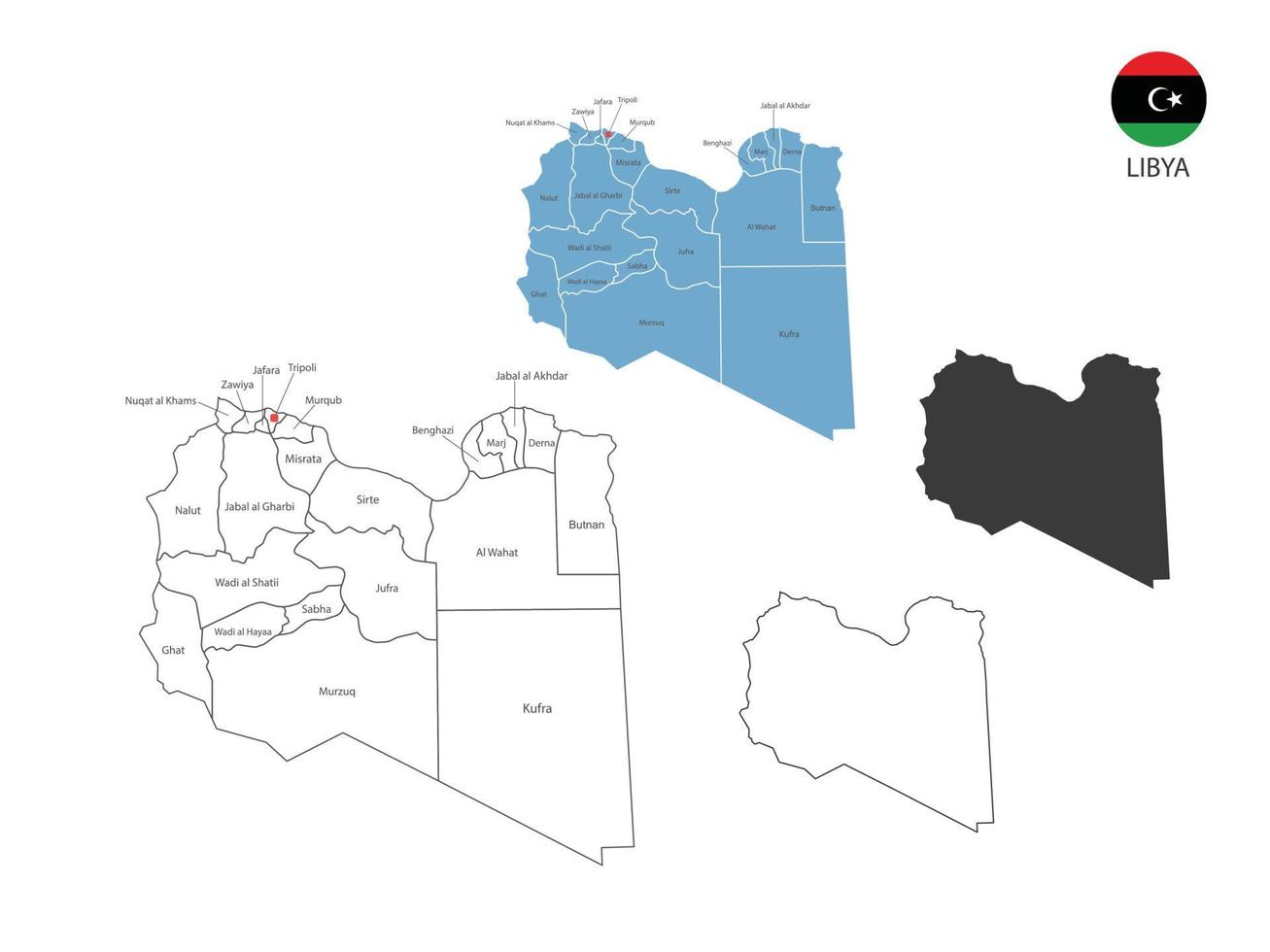 4 estilo de ilustración de vector de mapa de libia tiene toda la provincia y marca la ciudad capital de libia. por estilo de simplicidad de contorno negro delgado y estilo de sombra oscura. aislado sobre fondo blanco.