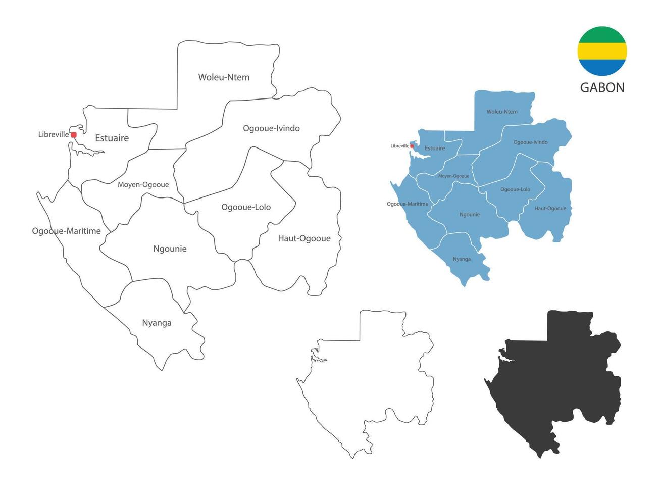 4 estilo de ilustración de vector de mapa de gabón tiene toda la provincia y marca la ciudad capital de gabón. por estilo de simplicidad de contorno negro delgado y estilo de sombra oscura. aislado sobre fondo blanco.