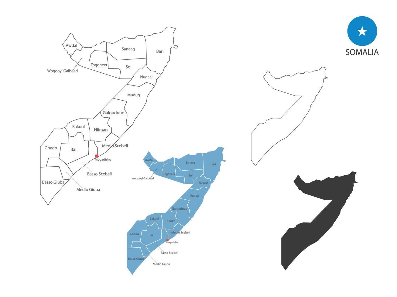 4 style of Somalia map vector illustration have all province and mark the capital city of Somalia. By thin black outline simplicity style and dark shadow style. Isolated on white background.