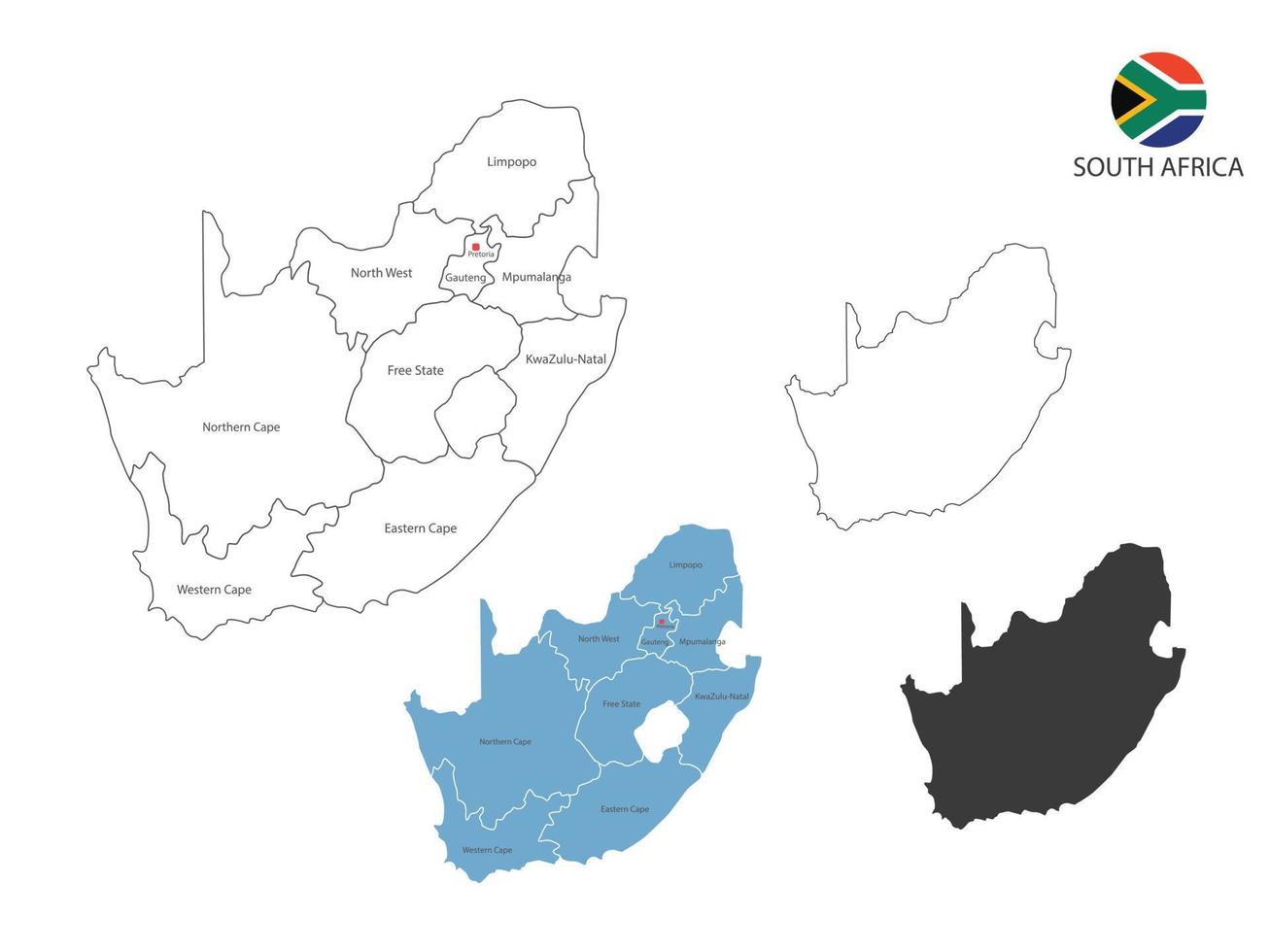 4 style of South Africa map vector illustration have all province and mark the capital city of South Africa. By thin black outline simplicity style and dark shadow style. Isolated on white background.