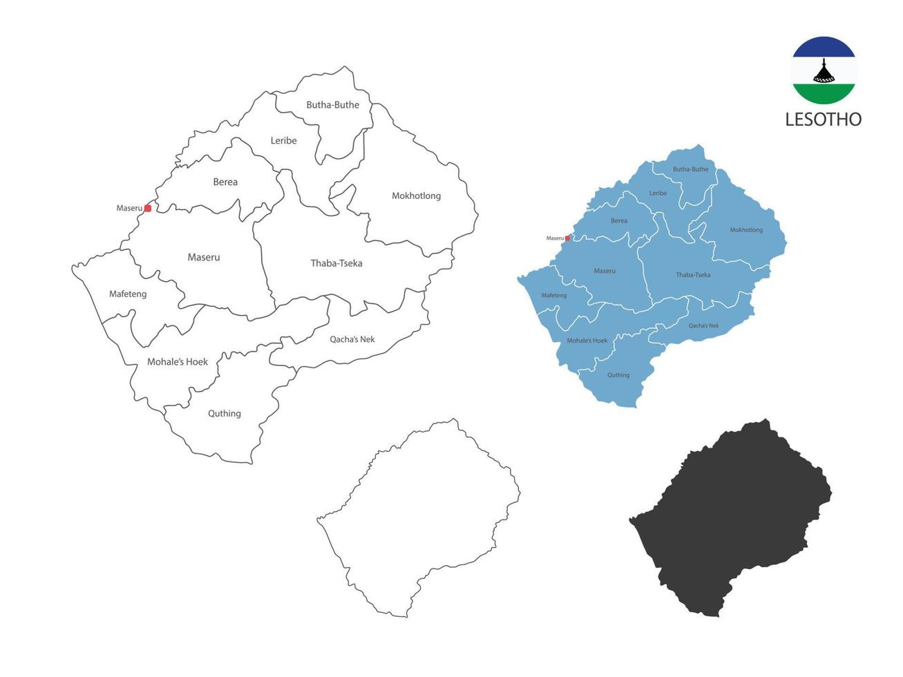 4 style of Lesotho map vector illustration have all province and mark the capital city of Lesotho. By thin black outline simplicity style and dark shadow style. Isolated on white background.