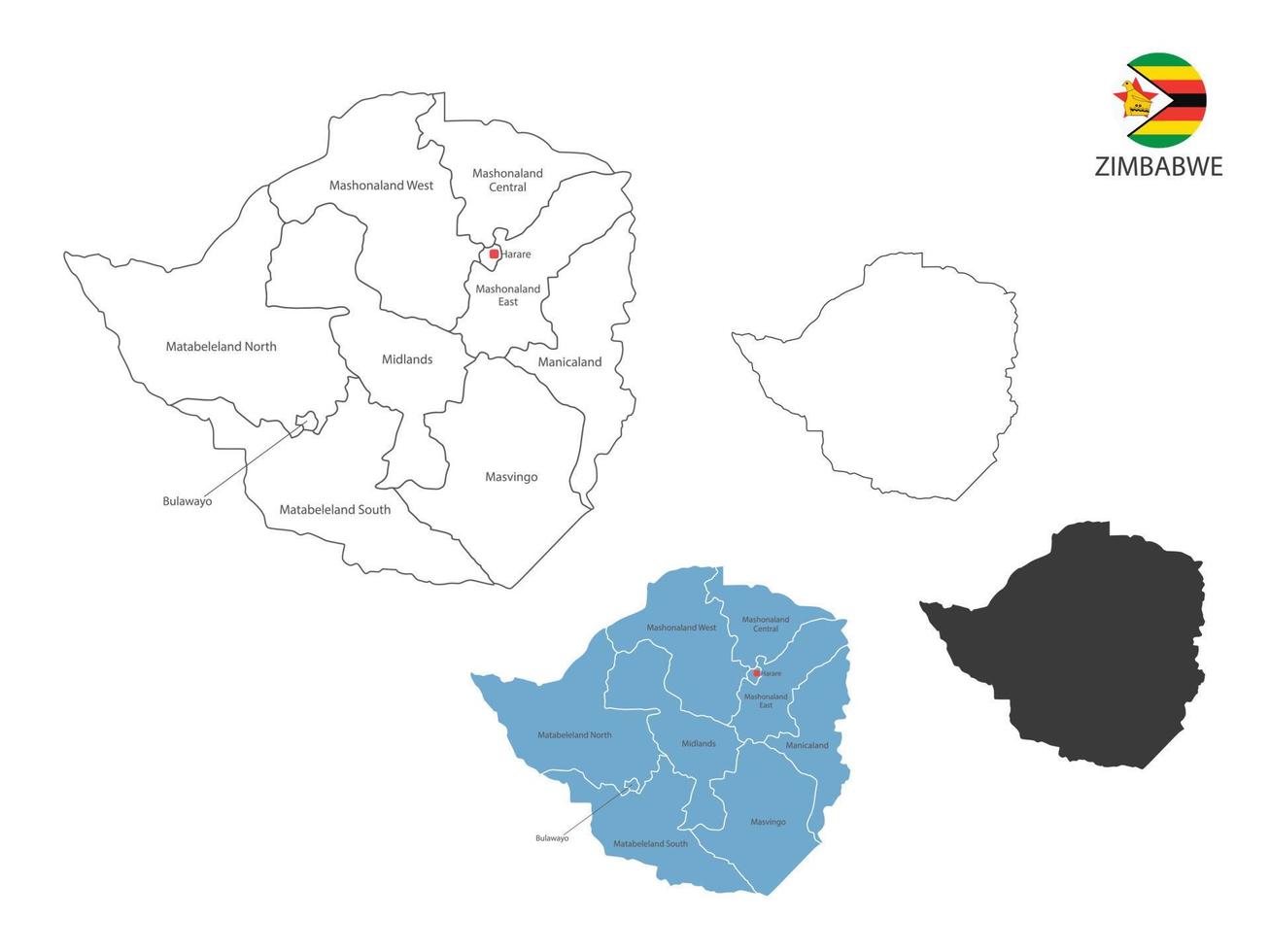 4 estilo de ilustración de vector de mapa de zimbabwe tiene toda la provincia y marca la ciudad capital de zimbabwe. por estilo de simplicidad de contorno negro delgado y estilo de sombra oscura. aislado sobre fondo blanco.