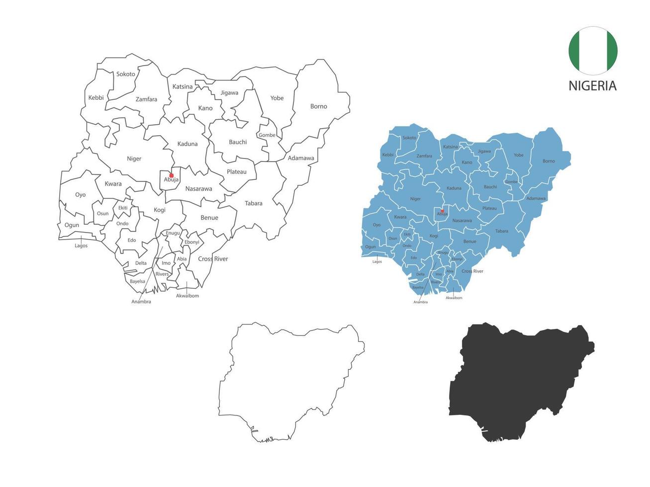 4 style of Nigeria map vector illustration have all province and mark the capital city of Nigeria. By thin black outline simplicity style and dark shadow style. Isolated on white background.