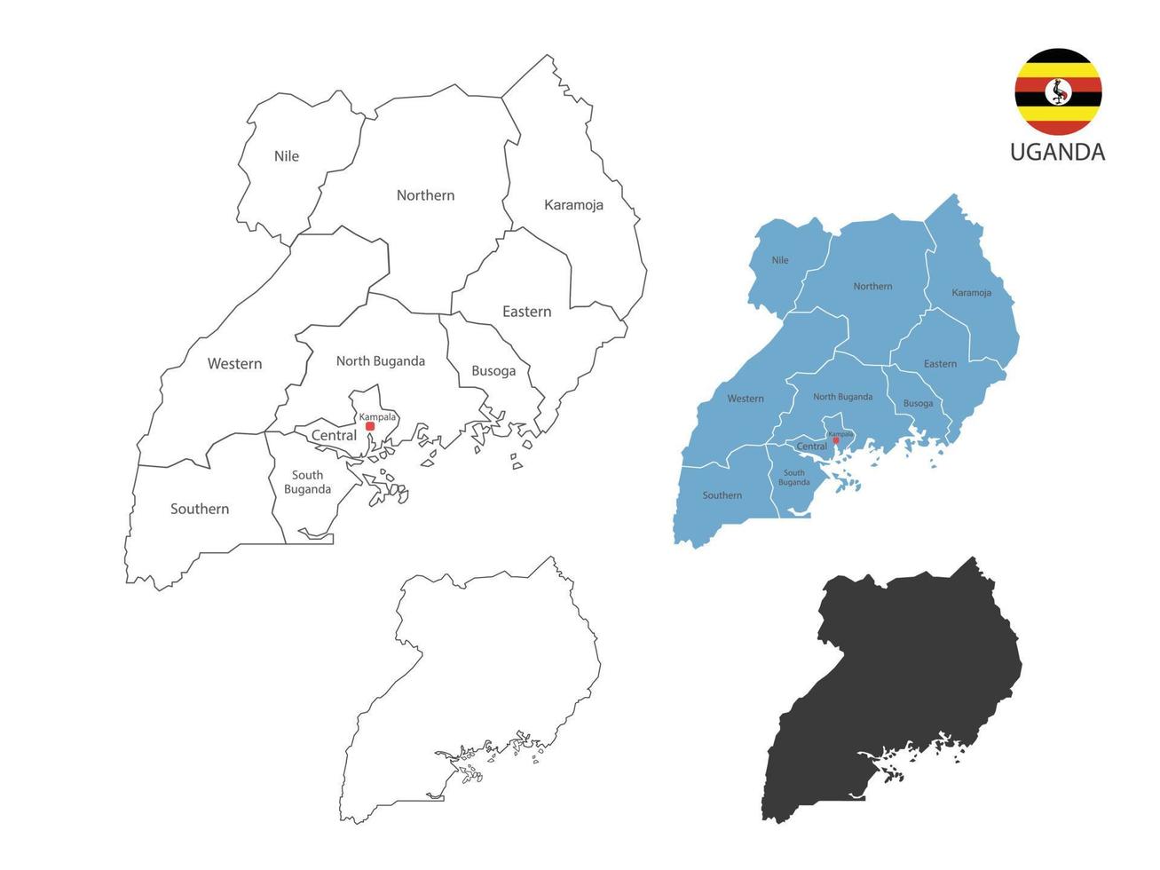 4 style of Uganda map vector illustration have all province and mark the capital city of Uganda. By thin black outline simplicity style and dark shadow style. Isolated on white background.