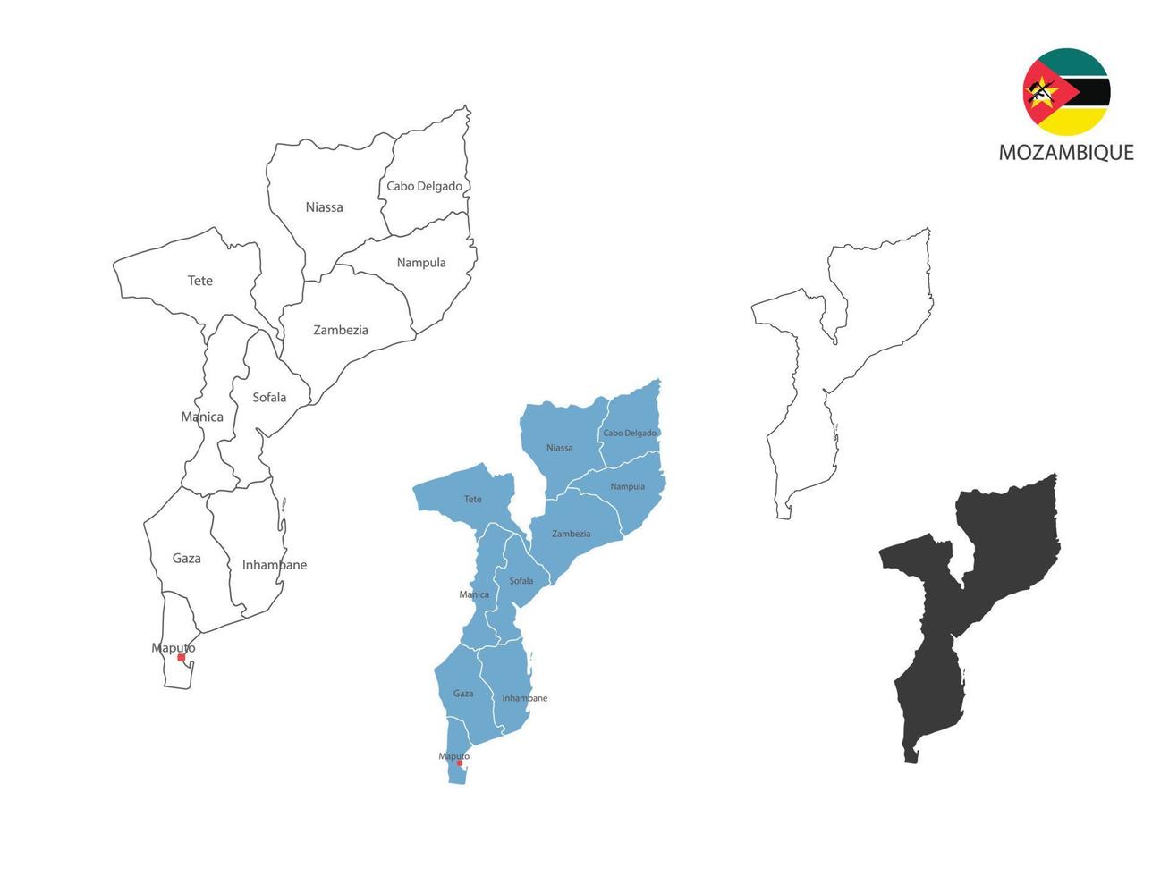 4 style of Mozambique map vector illustration have all province and mark the capital city of Mozambique. By thin black outline simplicity style and dark shadow style. Isolated on white background.