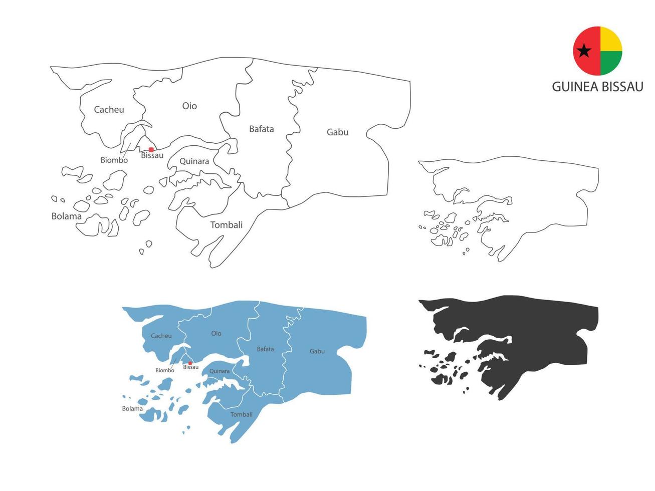 4 style of Guinea Bissau map vector illustration have all province and mark the capital city of Guinea Bissau. By thin black outline simplicity style and dark shadow style.