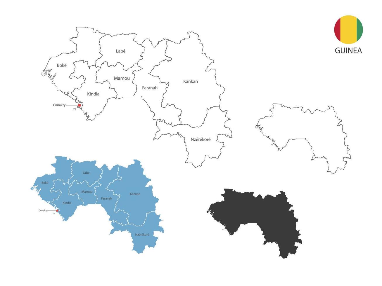 4 estilo de ilustración de vector de mapa de guinea tiene toda la provincia y marca la ciudad capital de guinea. por estilo de simplicidad de contorno negro delgado y estilo de sombra oscura. aislado sobre fondo blanco.