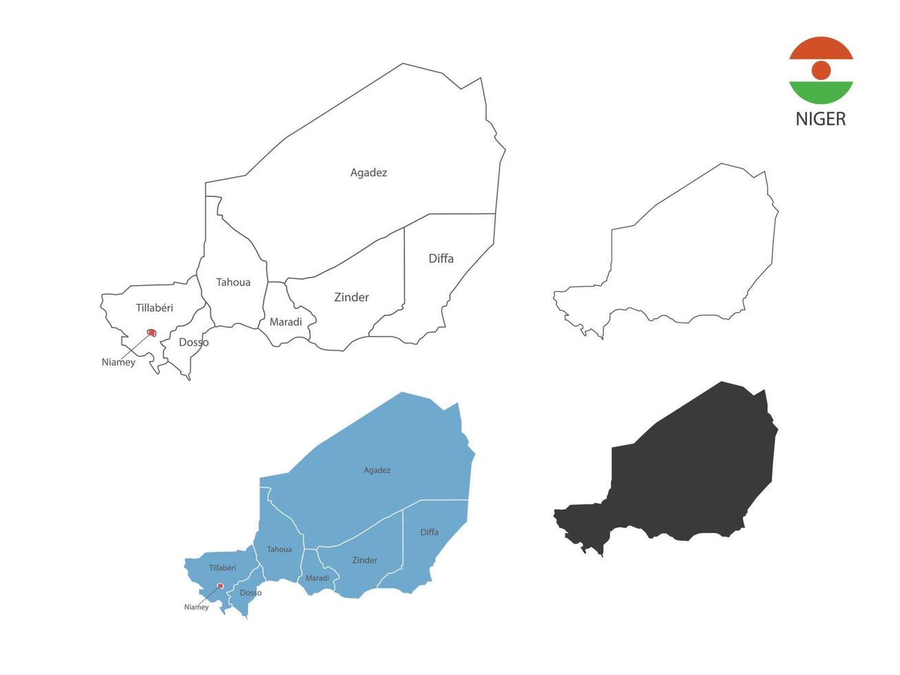 4 style of Niger map vector illustration have all province and mark the capital city of Niger. By thin black outline simplicity style and dark shadow style. Isolated on white background.