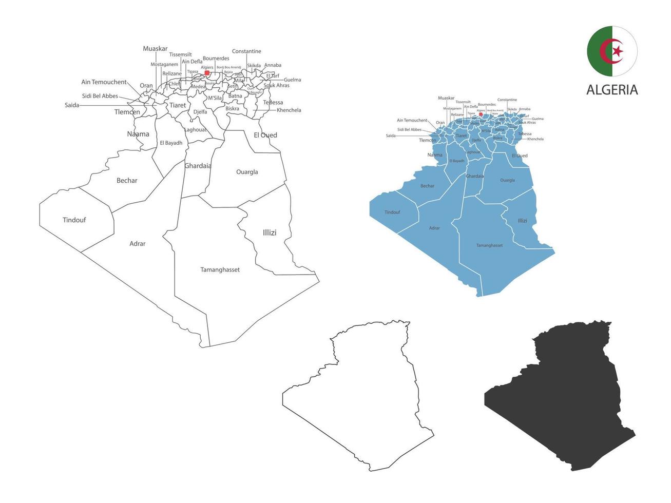 4 estilo de ilustración de vector de mapa de argelia tiene toda la provincia y marca la ciudad capital de argelia. por estilo de simplicidad de contorno negro delgado y estilo de sombra oscura. aislado sobre fondo blanco.