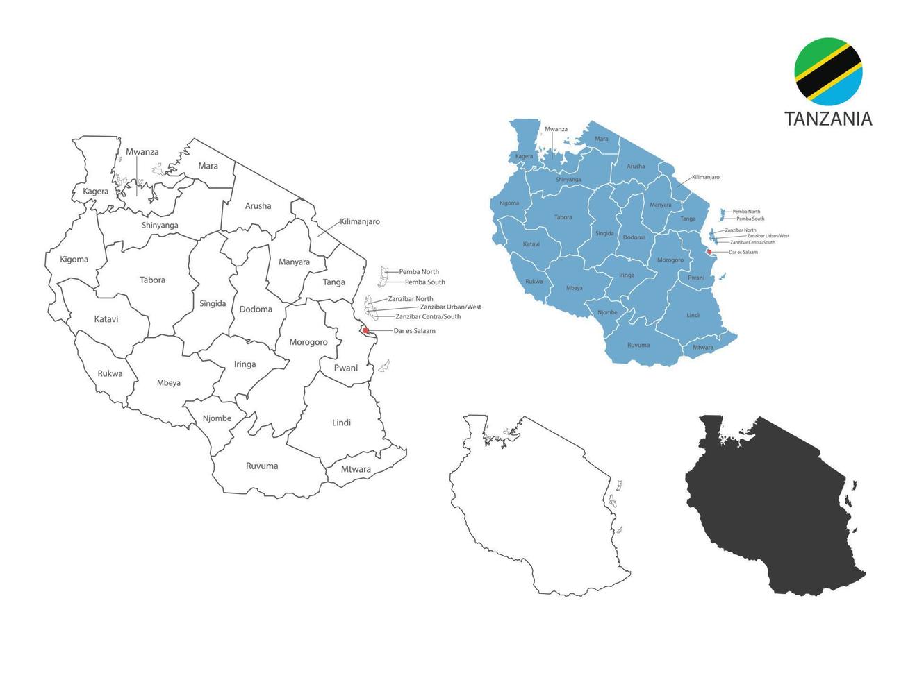 4 style of Tanzania map vector illustration have all province and mark the capital city of Tanzania. By thin black outline simplicity style and dark shadow style. Isolated on white background.