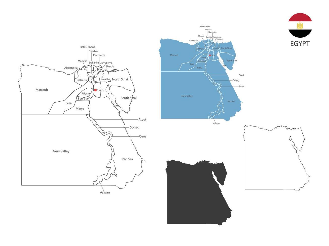 4 estilo de ilustración de vector de mapa de egipto tiene toda la provincia y marca la ciudad capital de egipto. por estilo de simplicidad de contorno negro delgado y estilo de sombra oscura. aislado sobre fondo blanco.