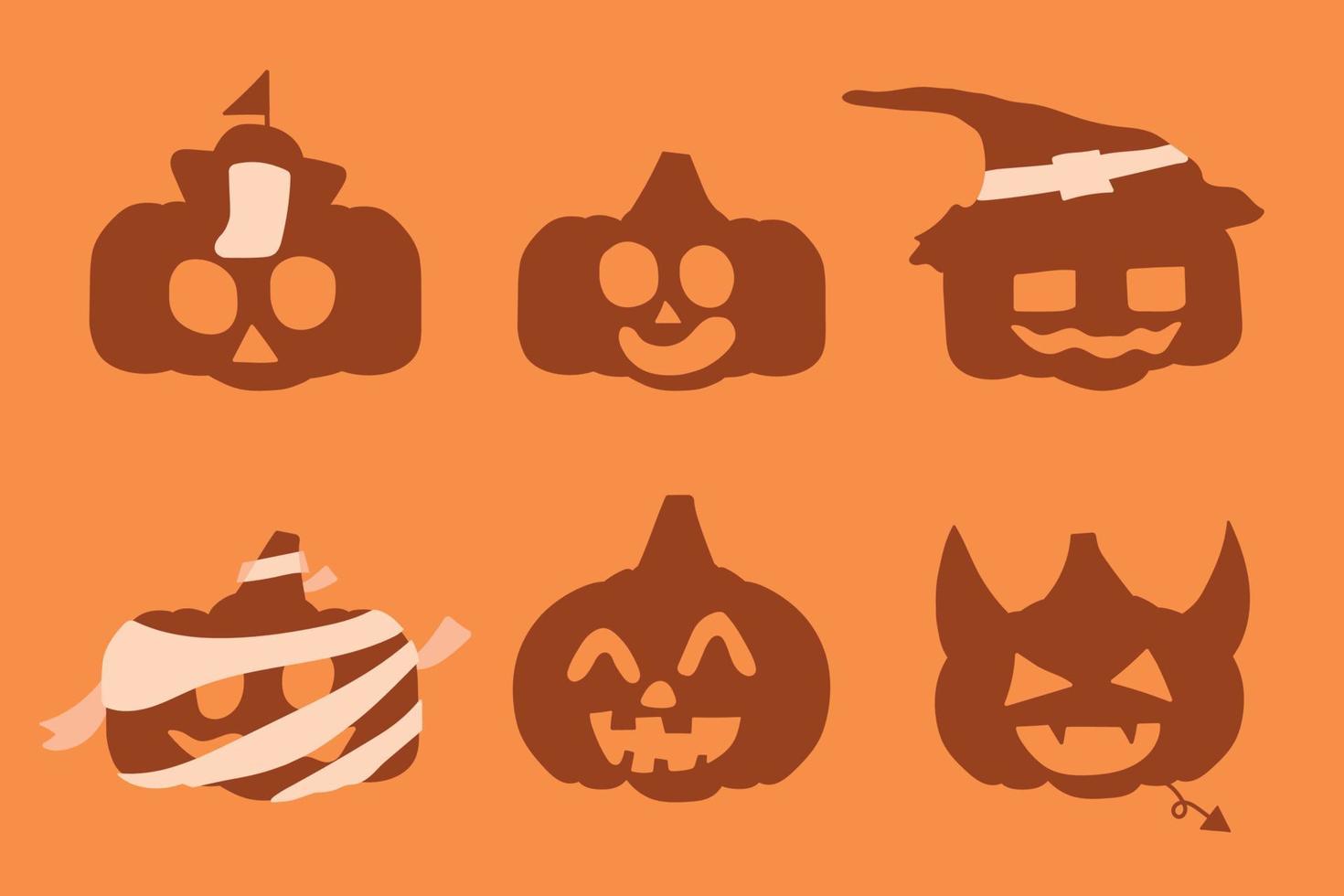 Set of ghost halloween pumpkins 6 characters seamless patterns. Isolated on orange background. vector