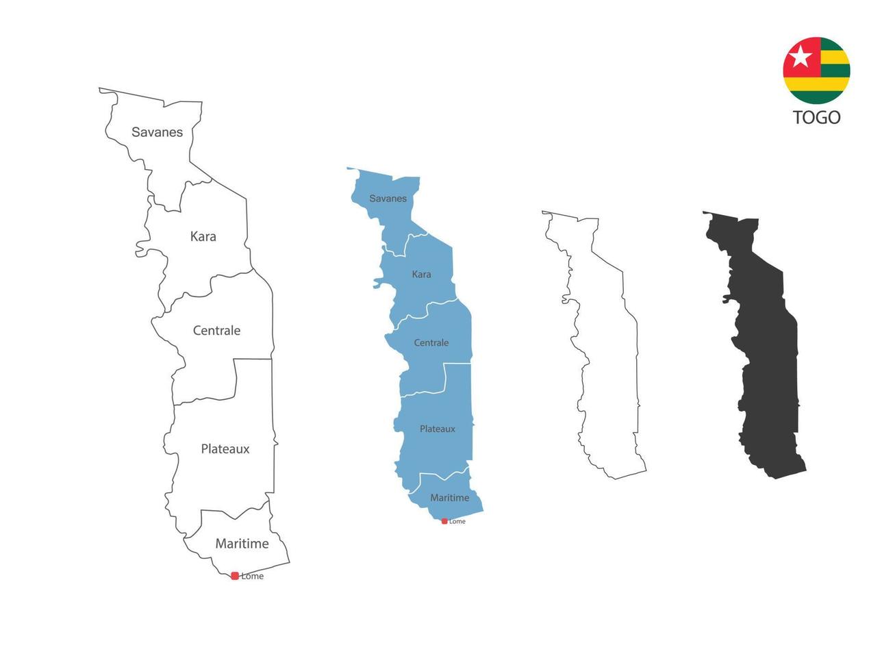 4 style of Togo map vector illustration have all province and mark the capital city of Togo. By thin black outline simplicity style and dark shadow style. Isolated on white background.