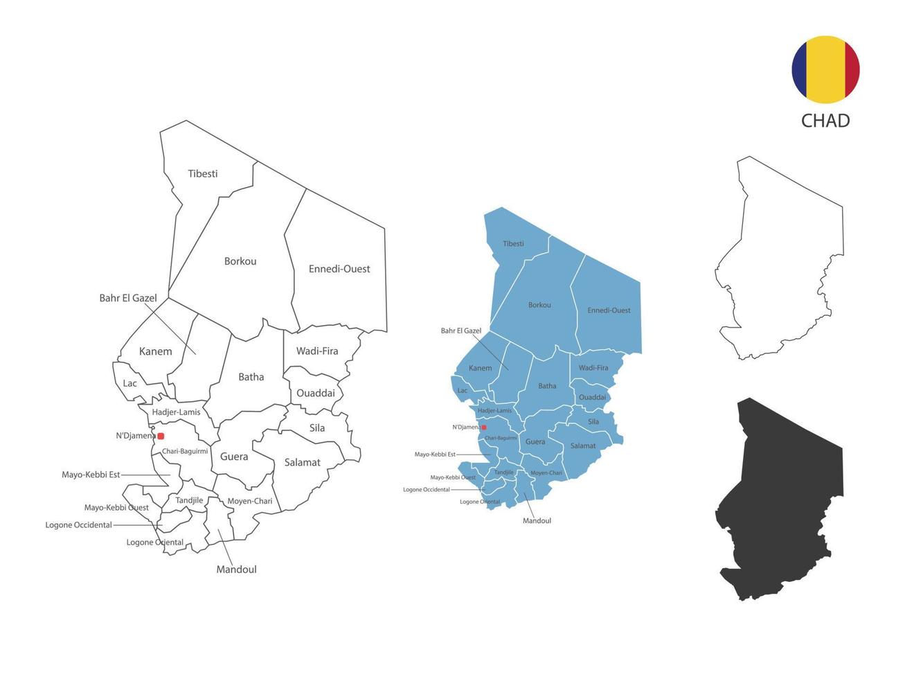 4 estilo de ilustración de vector de mapa de chad tiene toda la provincia y marca la ciudad capital de chad. por estilo de simplicidad de contorno negro delgado y estilo de sombra oscura. aislado sobre fondo blanco.