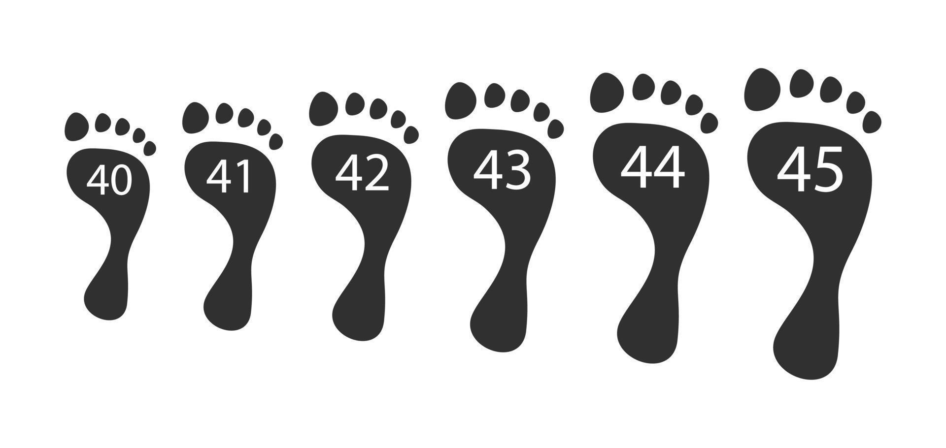 pies humanos tamaños. estampados negros de pies descalzos de 40 a 45 volúmenes selección anatómica de zapatos ortopédicos para máxima comodidad vectorial. vector