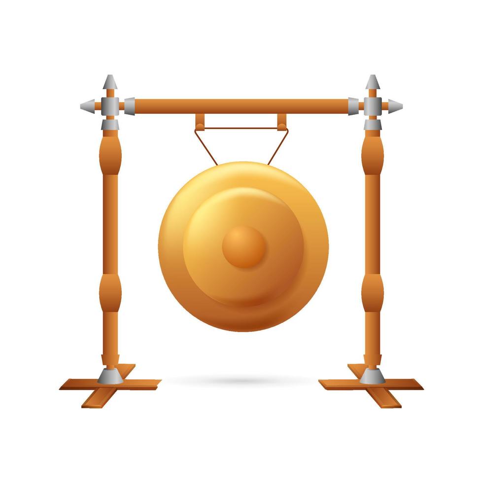 Golden gong on props. Vintage yellow metal disc suspended on poles vector