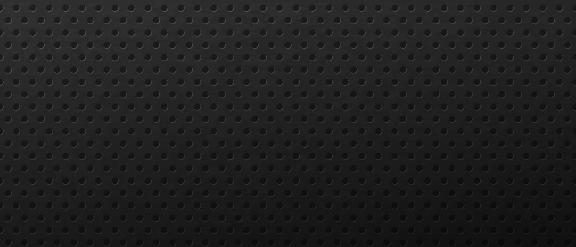 Metal industrial backdrop with round holes or dots. Modern black background design template with circular spots. Dark metallic perforated plate. Modern monochrome vector illustration for decoration.